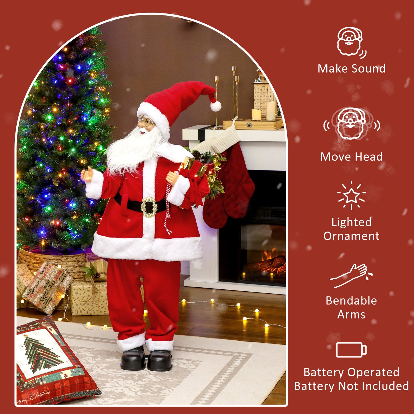 HOMCOM Life Size Santa Claus Christmas Decoration, Voice-Activated with Twinkling LED Lights, Red