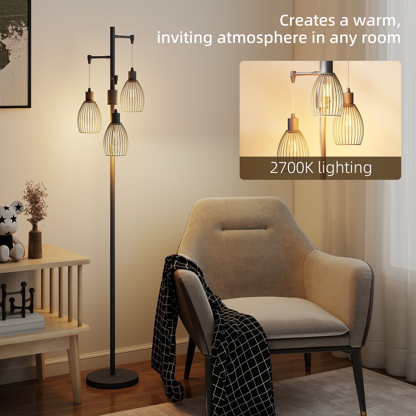 HOMCOM 3-Light LED Floor Lamp, 170cm Industrial Dimmable with Steel Wire Cage Lampshades, 2700K for Living Room, Bedroom, Black