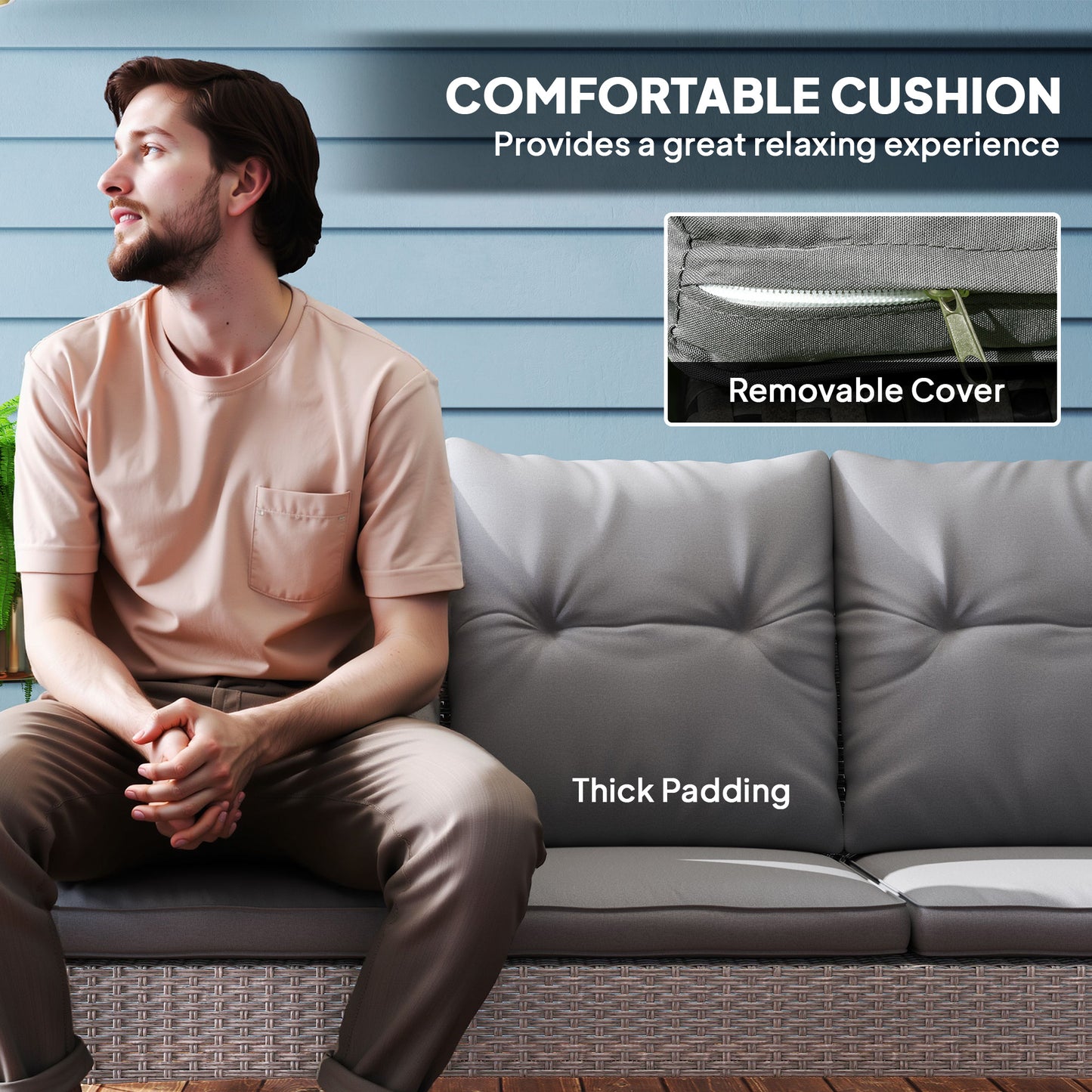 Outsunny 5 Seater Rattan Furniture Set: 2 Armchairs, 3-Seater Sofa, 2 Footstools, Table, Grey Cushions