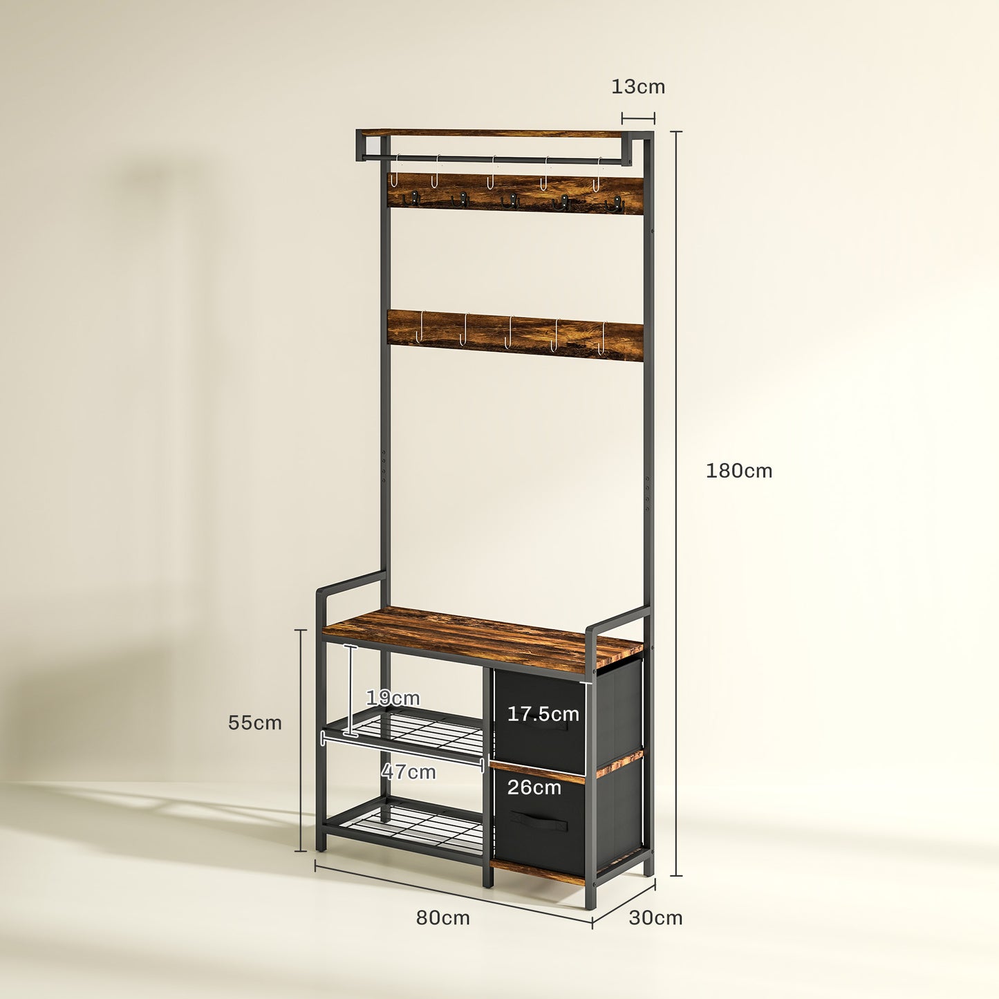 HOMCOM Coat Rack with Bench and Shoe Storage, Rustic Brown