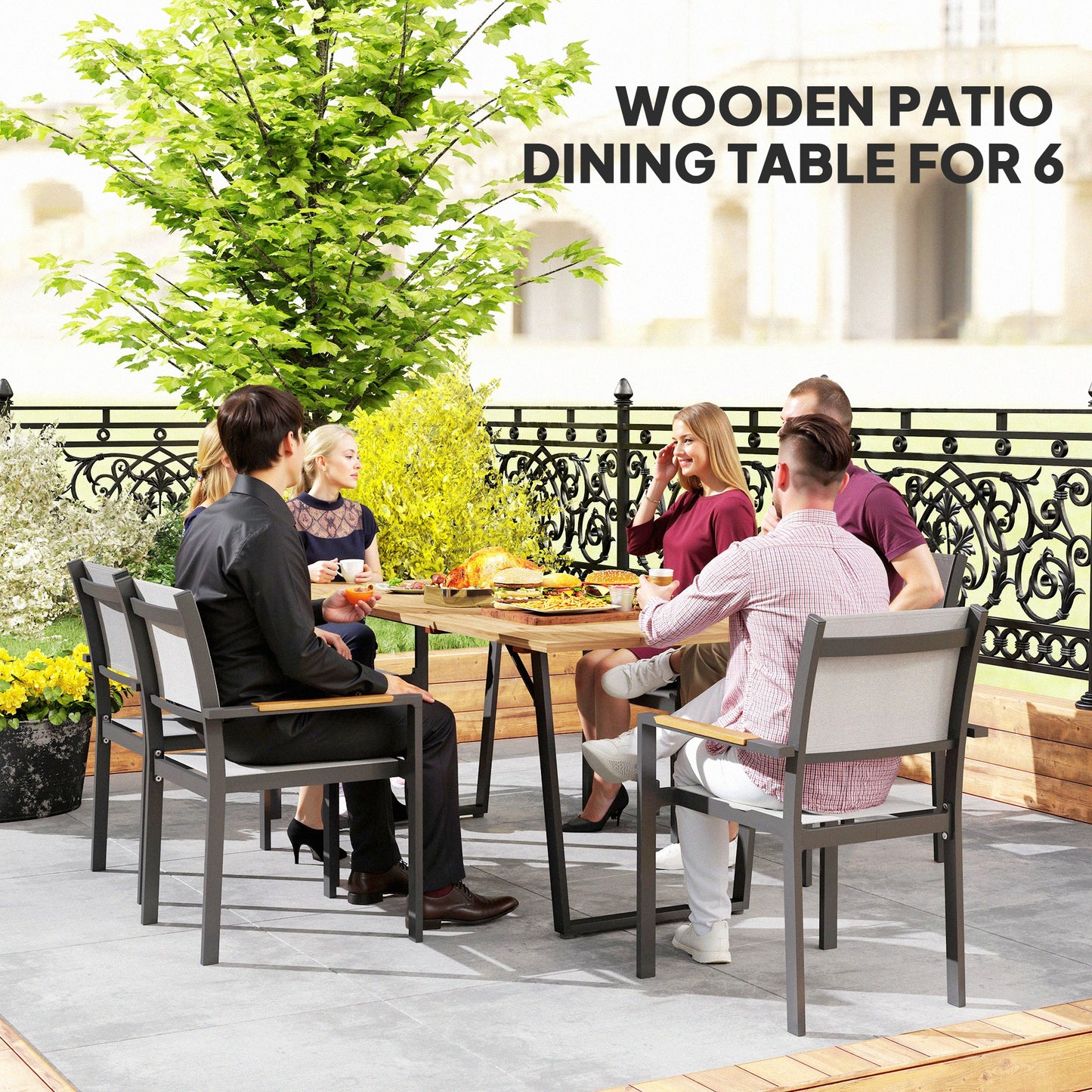 Outsunny Patio Table, 175x80cm Rectangle, Slatted Top, Parasol Hole, Weather-Resistant Fir Wood for Balcony/Terrace, Brown