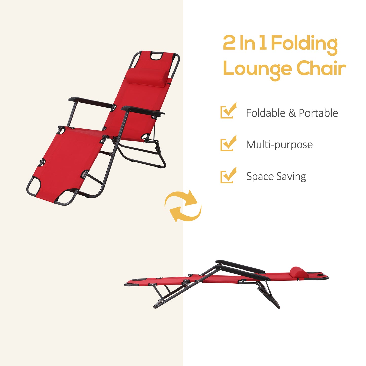 Outsunny 2 in 1 Folding Sun Lounger Reclining Garden Chair Set of 2, Adjustable Backrest, Zero Gravity with Head Pillow, Armrests, Red