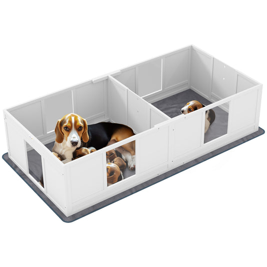 PawHut Two Room Design Whelping Box for Dogs with Whelping Pad, Clear Panels, Adjustable Entrance, for Medium Dogs, 196 x 96cm