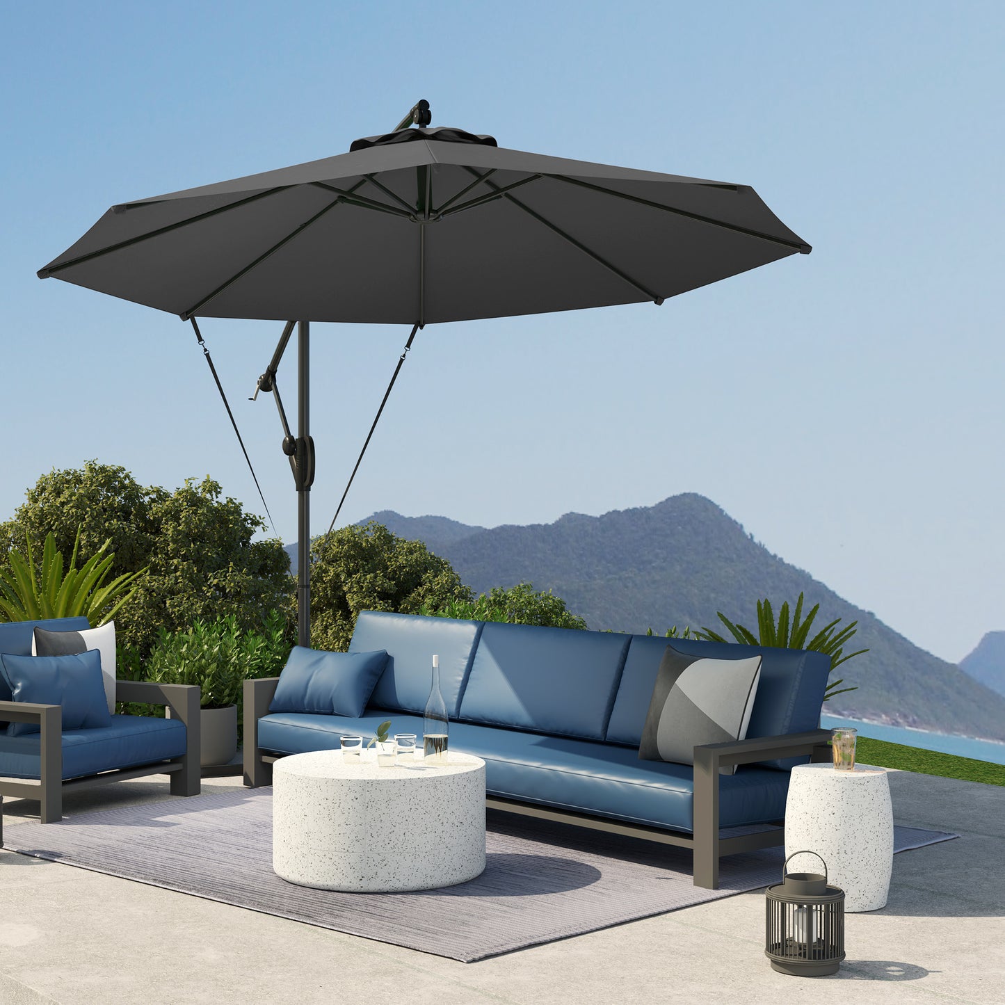 Outsunny Garden Cantilever Parasol with Cover, Wind Protection Strap, Crank Handle, Tilt, UPF50+, Outdoor Sun Shade, 3m, Grey