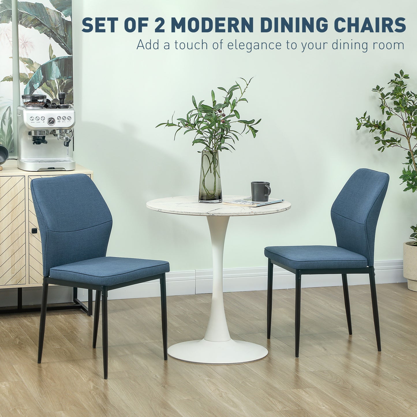 HOMCOM Velvet Dining Chairs Set of 2, Modern Upholstered, Metal Legs, Curved Back, Padded Seat, Armless Side Chairs, Blue
