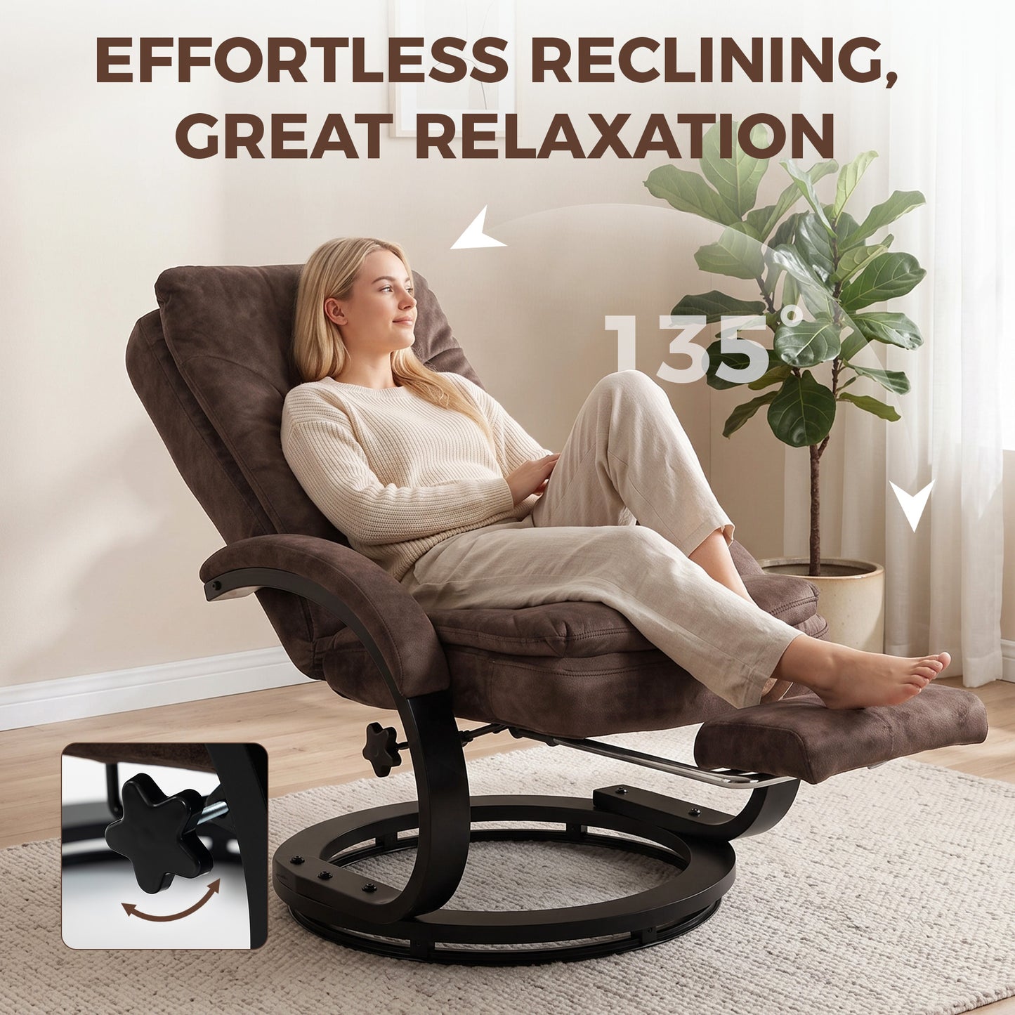 HOMCOM Swivel Recliner Chair, Velvet Recliner Armchair with Retractable Footrest, Dual-Layer Cushion, High Back, Dark Brown