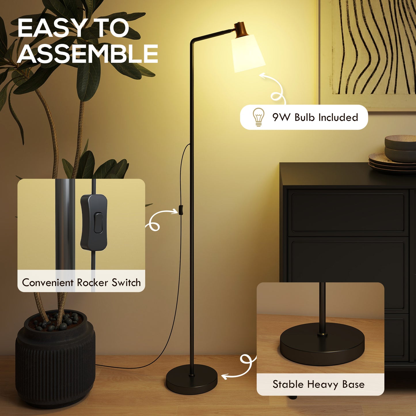HOMCOM Floor Lamp with 350° Rotatable Head, Modern Standing Lamp with 3000K/4000K/6500K Colour Temperatures, Black