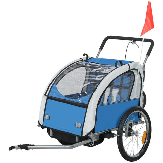 HOMCOM 2 Seat Bike Trailer with 5 Point Harness, Baby Bike Stroller with Safety Flag, Reflectors, for 18+ Months, Blue