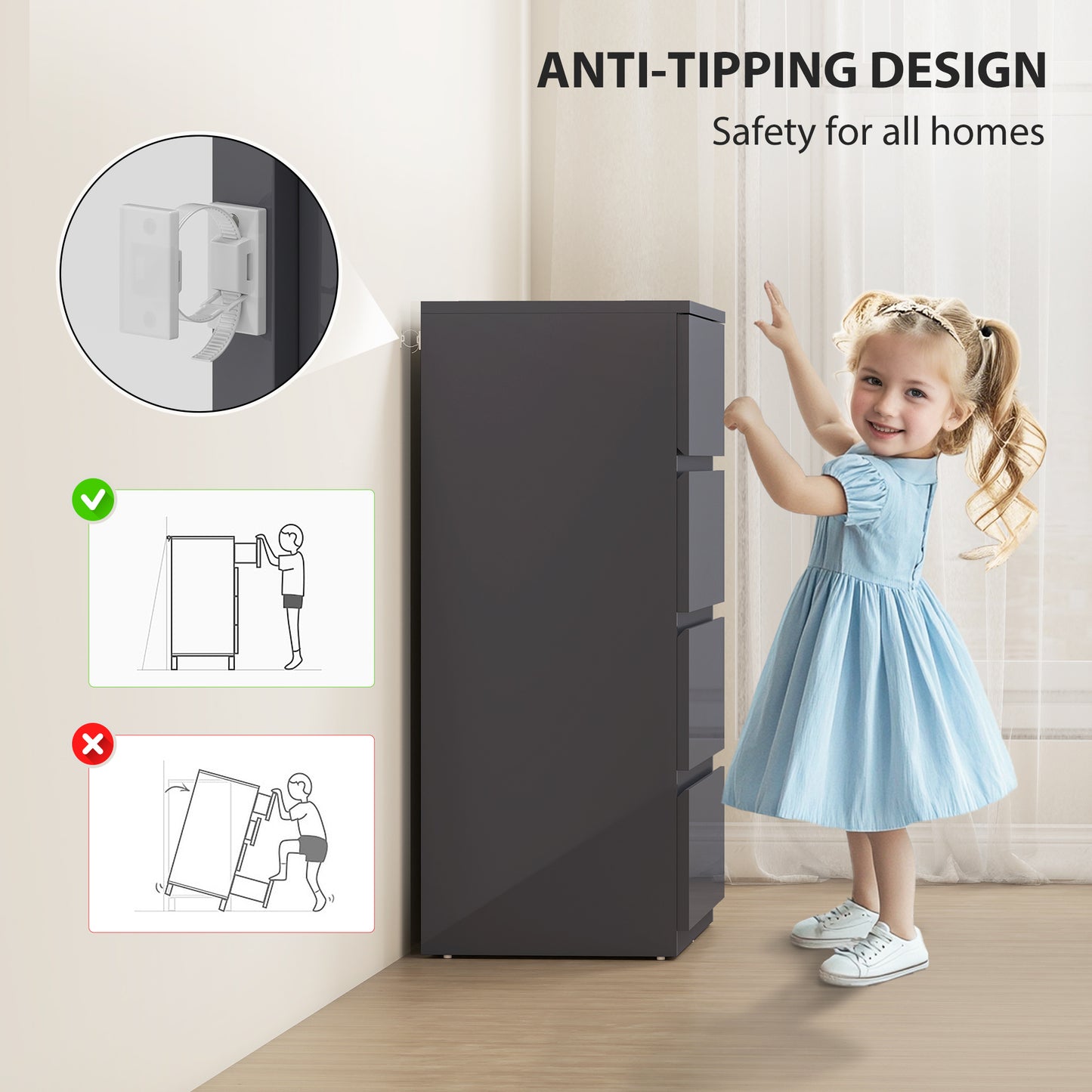 HOMCOM High Gloss Chest of Drawers, 4-Drawer Storage Cabinets, Modern Dresser for Bedroom, Grey