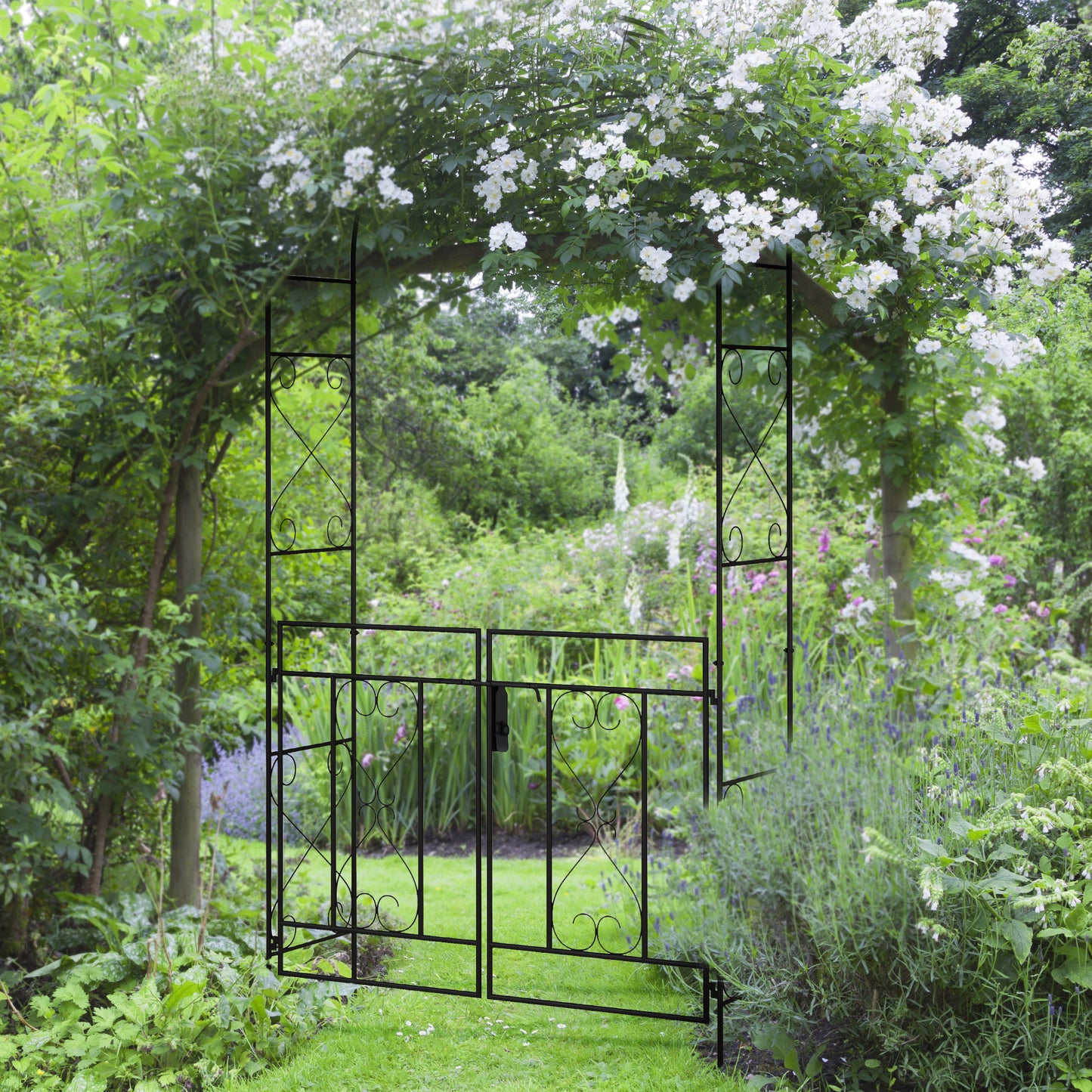 Outsunny Garden Arch with Double Gates, Metal Arbor for Climbing Plants, 114L x 36W x 232H cm, Black