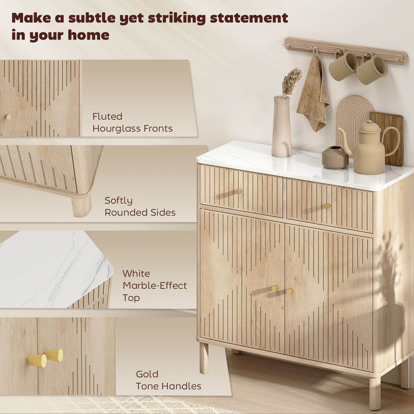 HOMCOM Sideboard Storage Cabinet, Fluted Kitchen Cupboard with Marble-Effect Top, 2 Drawers, 2 Doors and Adjustable Shelf, Oak