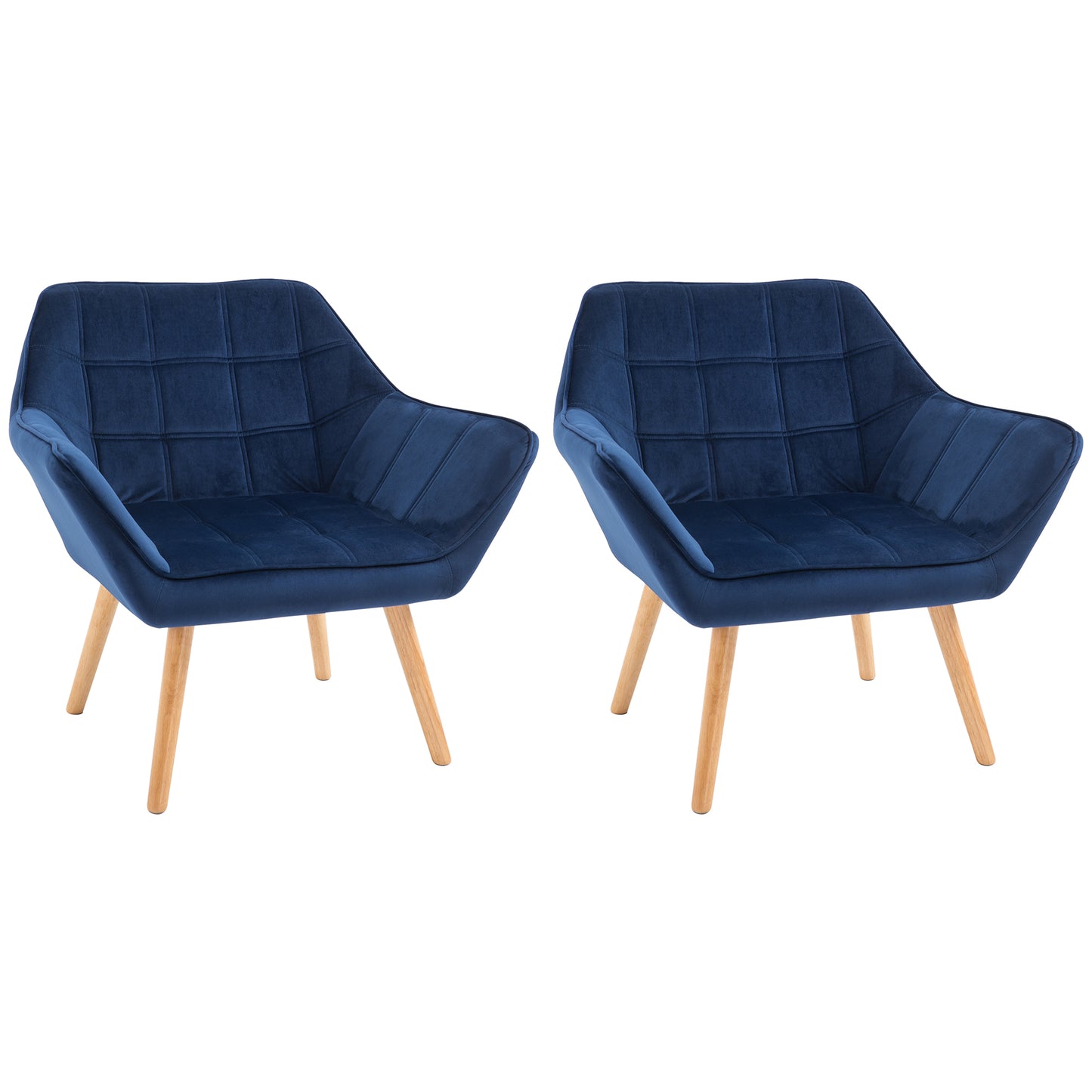 HOMCOM Armchair Accent Chair, Vanity Chair with Wide Arms, Slanted Back, Padded Metal Frame, Wooden Legs, Set of 2, Blue