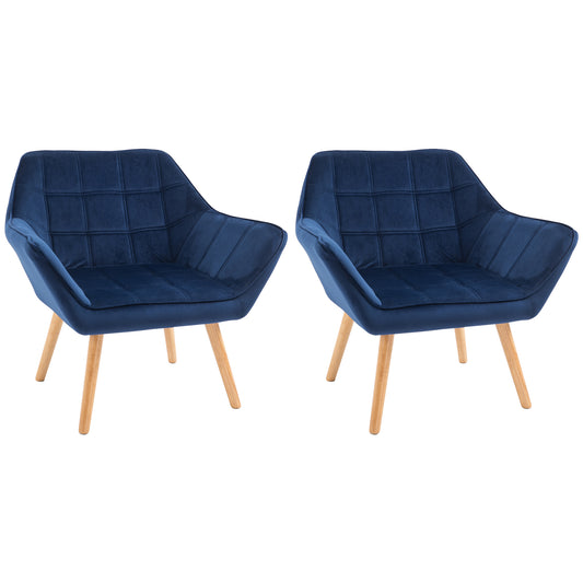 HOMCOM Armchair Accent Chair, Vanity Chair with Wide Arms, Slanted Back, Padded Metal Frame, Wooden Legs, Set of 2, Blue