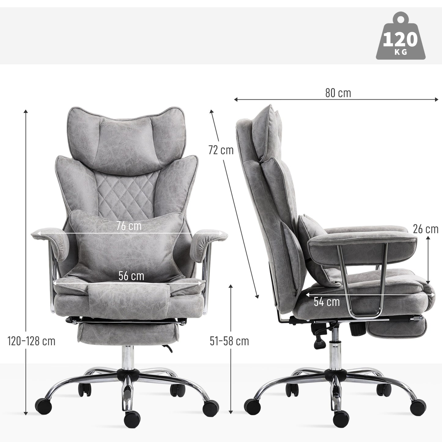 HOMCOM Leathaire Reclining Office Chair with Lumbar Support Pillow - Grey