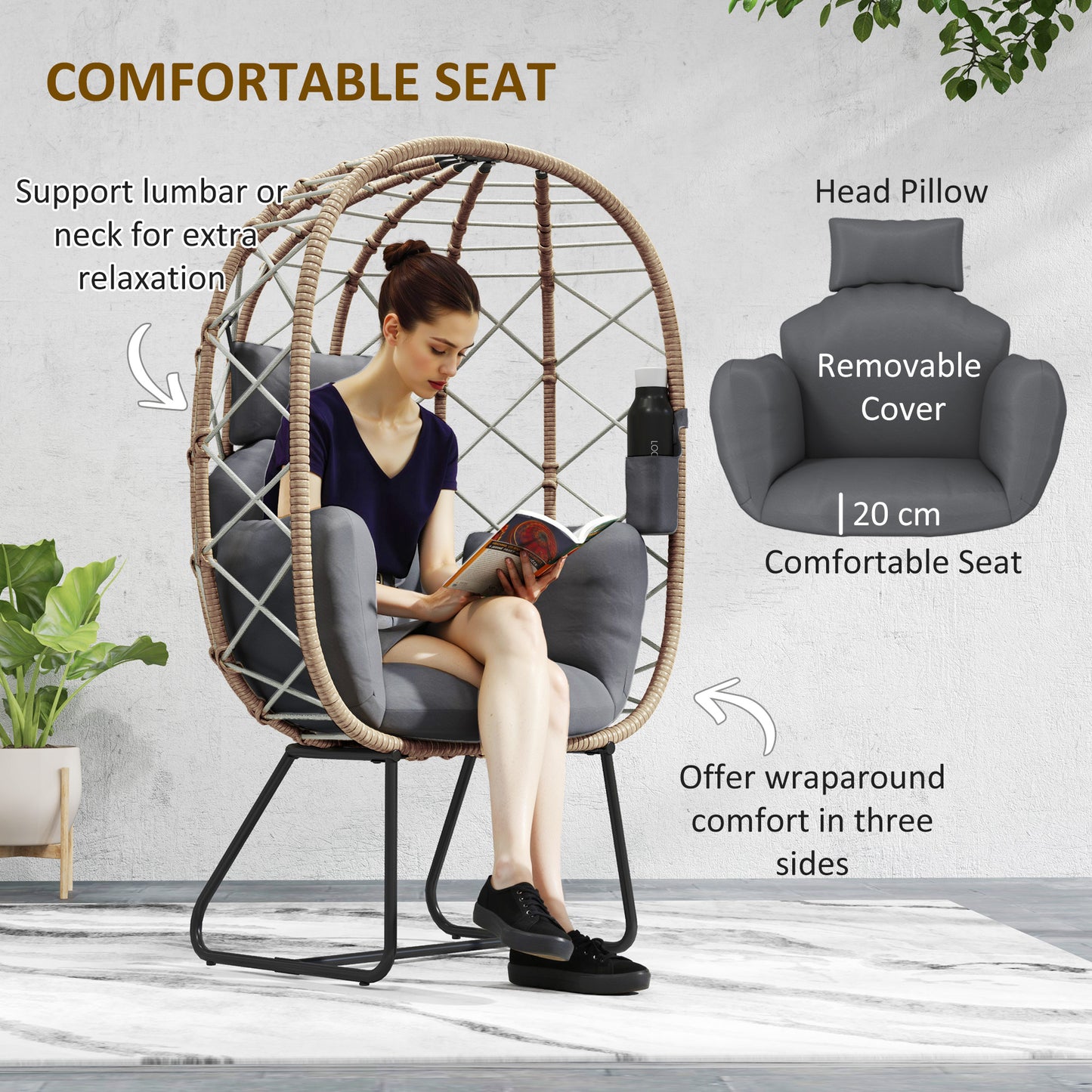 Outsunny Rattan Egg Chair: Indoor/Outdoor Wicker Chair with Cushion & Headrest, Metal Frame, Brown