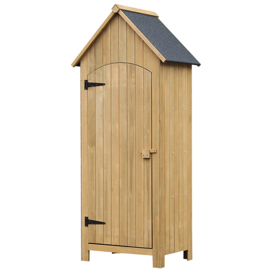 Outsunny Small Shed, Wooden Garden Storage with 3 Shelves, Outdoor Tool Cabinet with Tilt Roof & Lockable Door, 77.5x54.2x179.5 cm, Natural