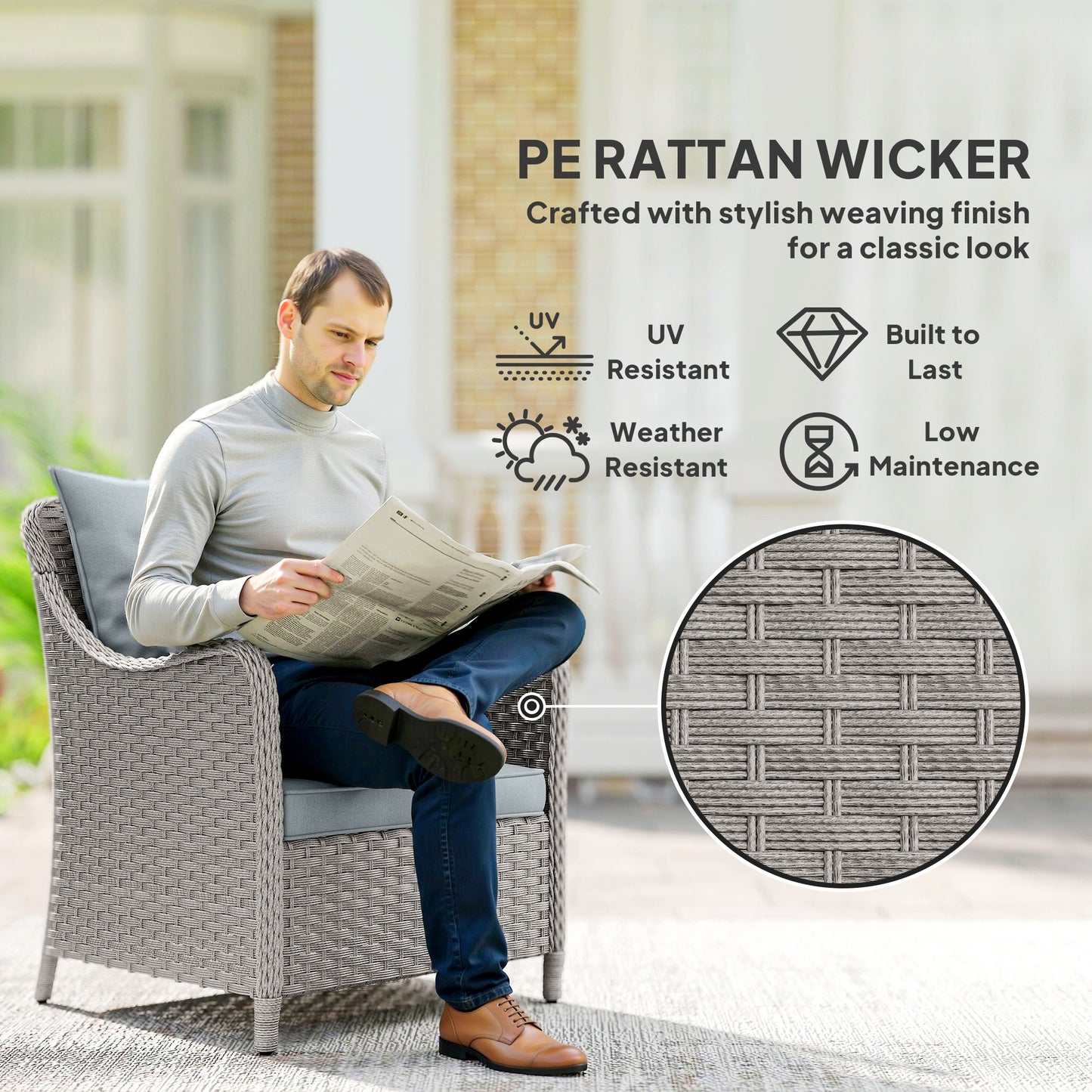 Outsunny Rattan Garden Chairs Set of 2, Outdoor Chairs with Cushions, Armrests, High Back, Steel Frame for Balcony, Porch, Light Grey