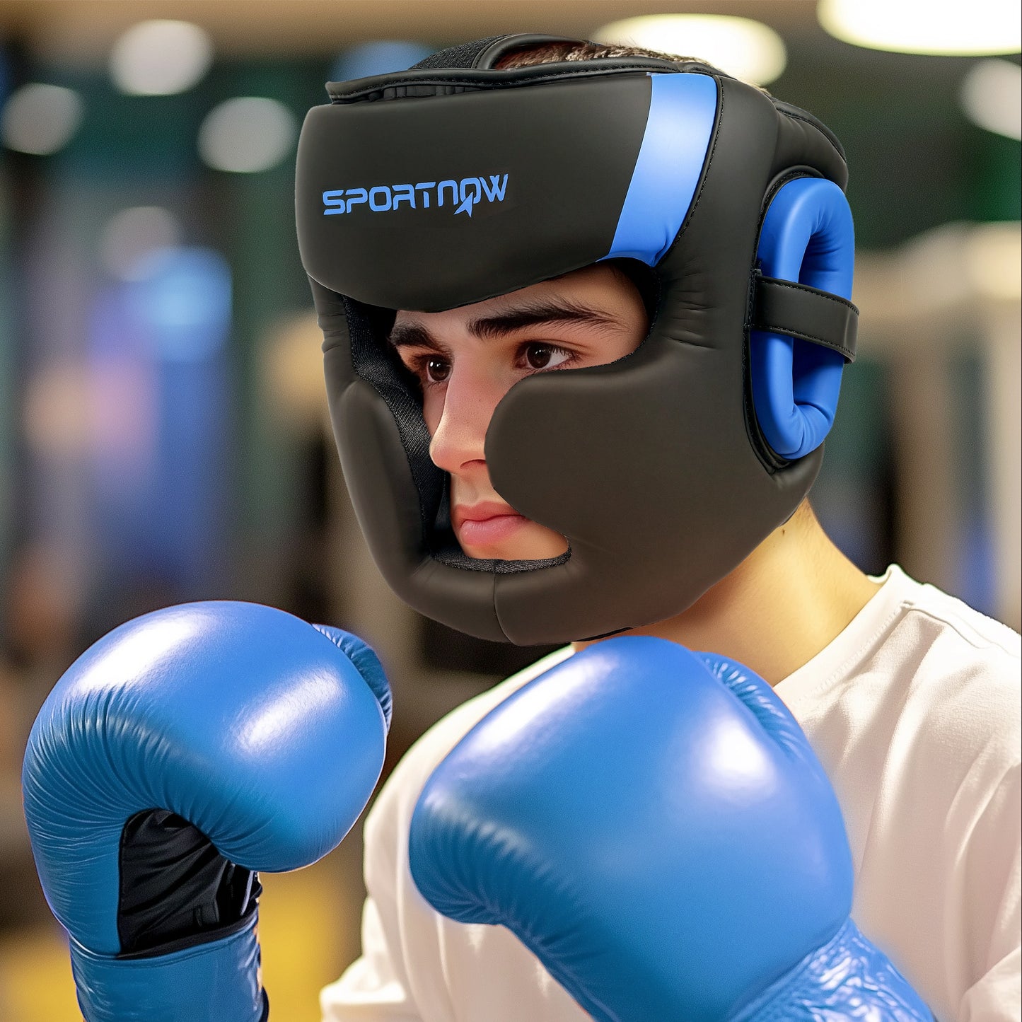 SPORTNOW Boxing Headguard, Adjustable Full Face Protection, Martial Arts, Blue