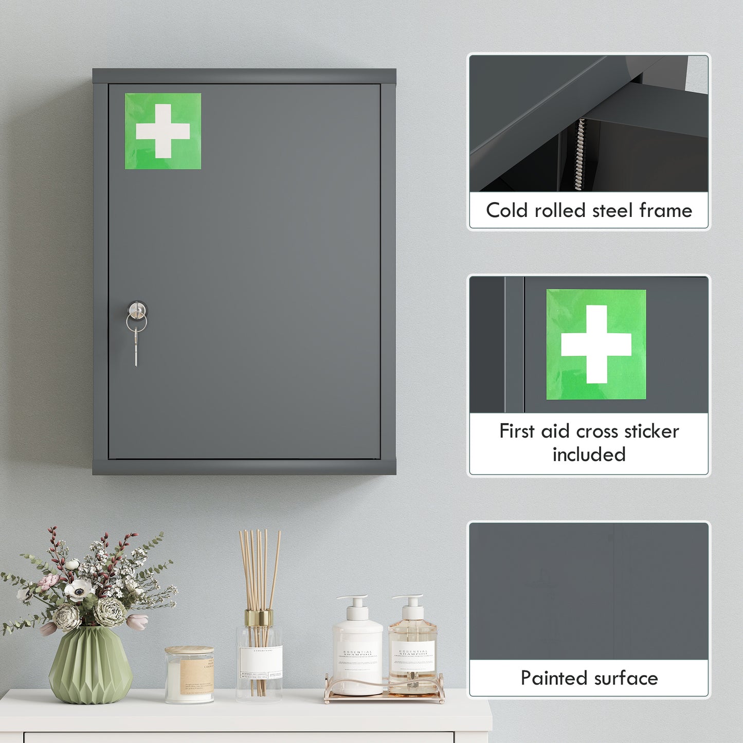 kleankin Locking Medicine Cabinet, First Aid Cabinet with Storage Shelves, with Lock and 2 Keys 53.5 x 40 x 15 cm, Smoke Grey