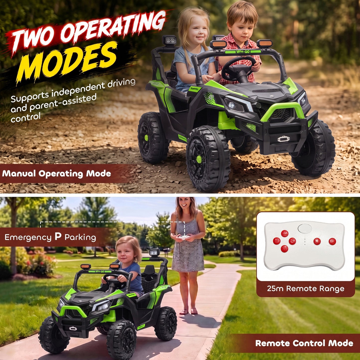 AIYAPLAY 24V 2 Seater Ride On Truck Car for Big Kids with Remote Control, Dual Motors, 4-Wheel Suspension for Ages 3-8, Green, Black