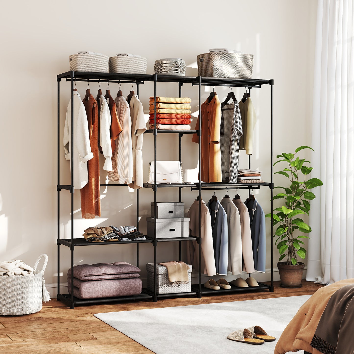 HOMCOM Storage wardrobe, fabric wardrobe with hanging rod and shelves, 182 x 43 x 185 cm, black