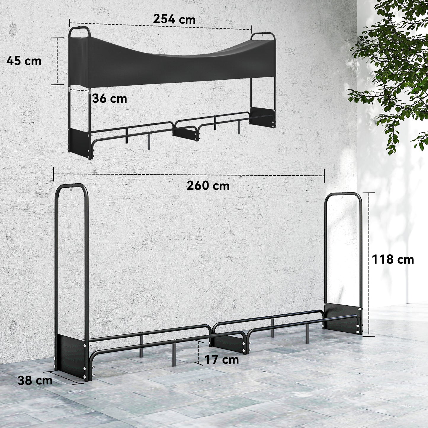 Outsunny Firewood Rack, 8.5ft Heavy Duty Log Storage with Waterproof 600D Oxford Cover, 300 kg Capacity, Black