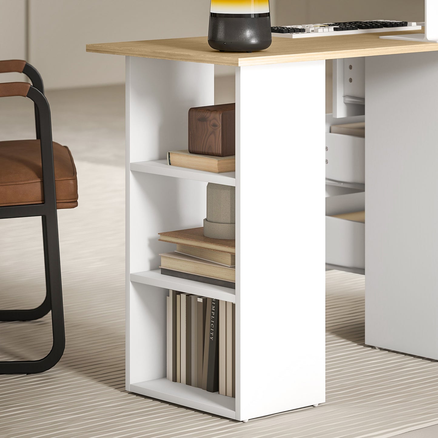HOMCOM Computer Desk, Writing Table with 3 Shelves & Drawers, Silver Handle, for Home Office, Natural Wood & White Finish