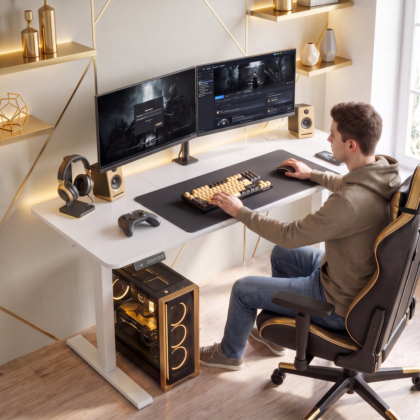 HOMCOM Standing Desk Memory Control Height Adjustable Desk 2 Cable Holes LED Display Sit Stand Desk White