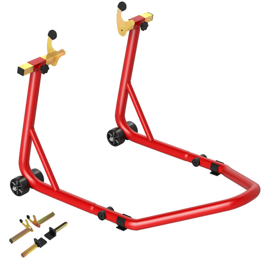 HOMCOM Motorcycle Rear Wheel Stand, 544 kg Capacity Heavy Duty Steel Paddock Lift with Adjustable U + L Forks, Wheels, Non-Slip Pads, Red