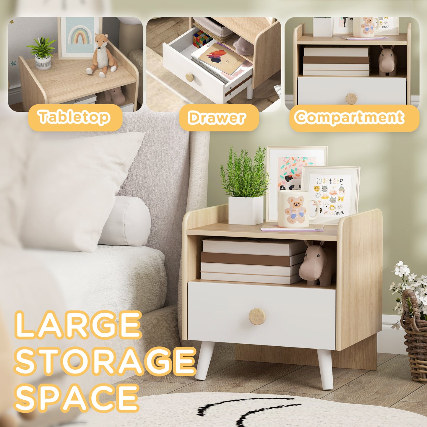 AIYAPLAY Kids Bedside Table with Drawer and Open Storage Shelf, Wooden Nightstand for Bedroom, Bedside Cabinet, White