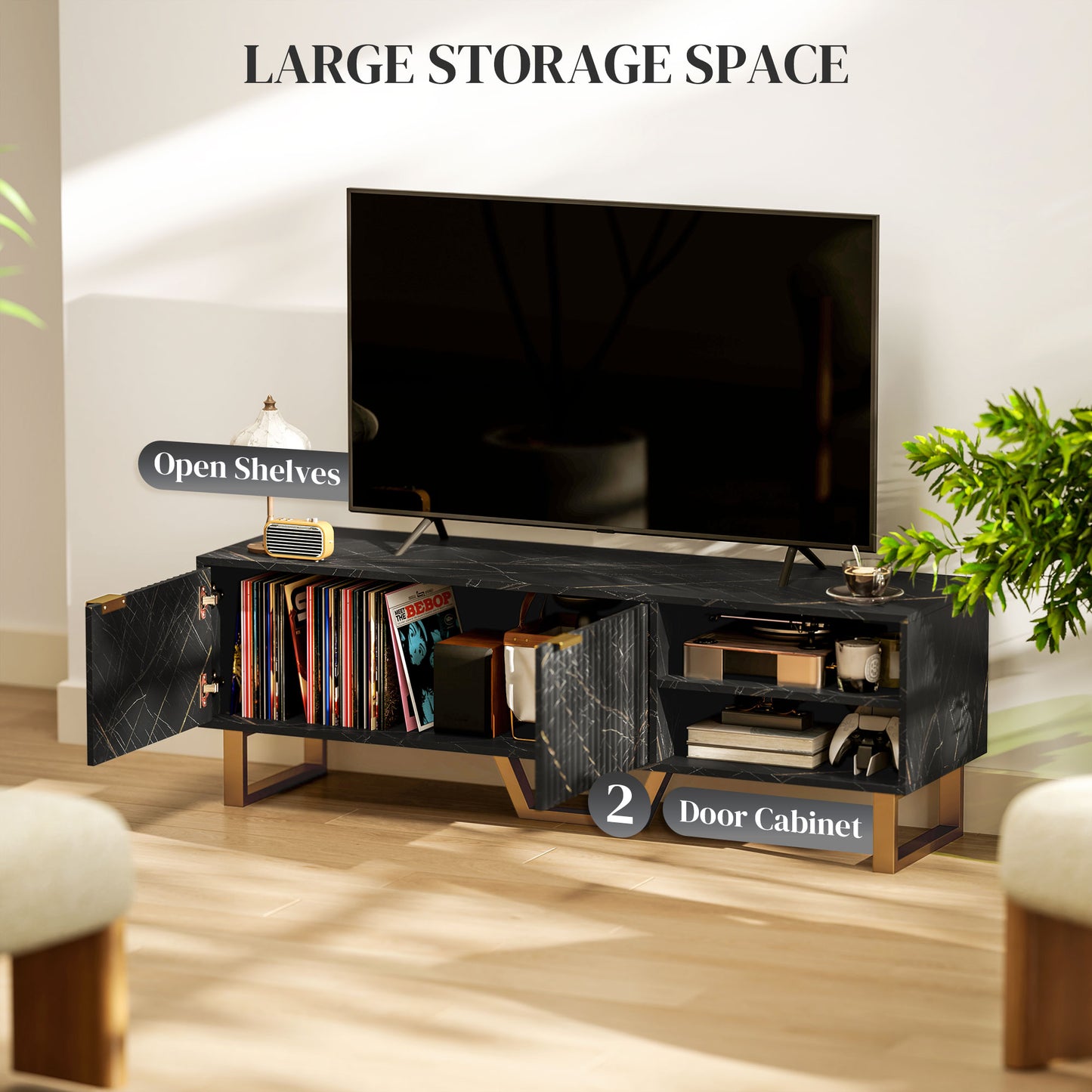 HOMCOM TV Stand Cabinet, Marble Effect, Fits up to 70" TVs, Modern Design with Shelves, Storage, Fluted Door, Cable Management, Black