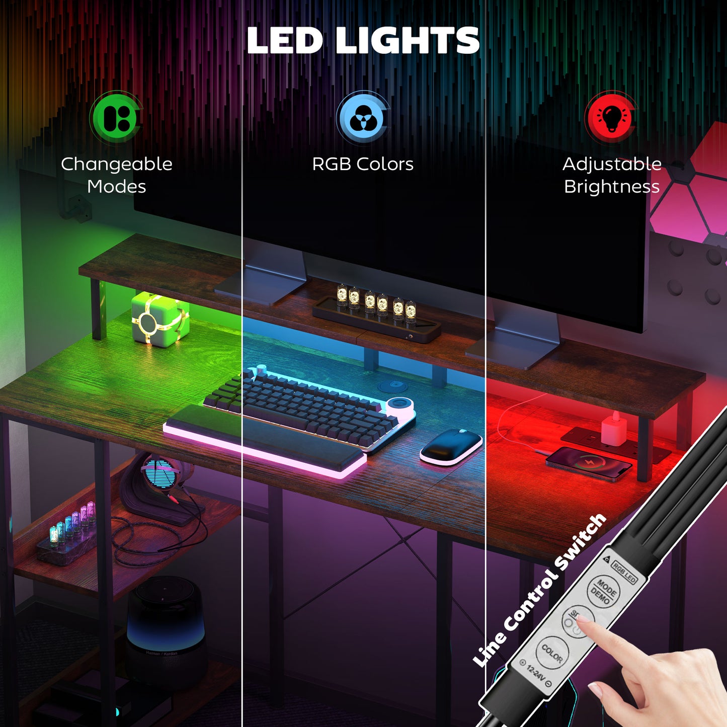 HOMCOM Computer Desk w/ Power Outlets & LED Lights, 120x50cm Reversible Desk, Monitor Stand, Rustic Brown