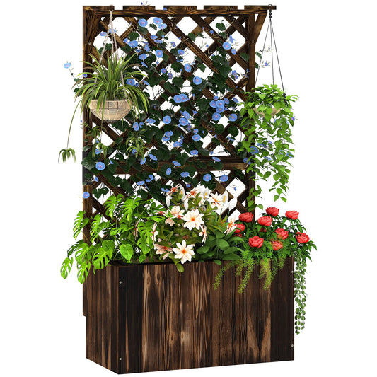 Outsunny Wooden Planter with Trellis, Freestanding Raised Garden Bed with Drainage Holes and Liner for Vegetables and Flowers, Carbonised