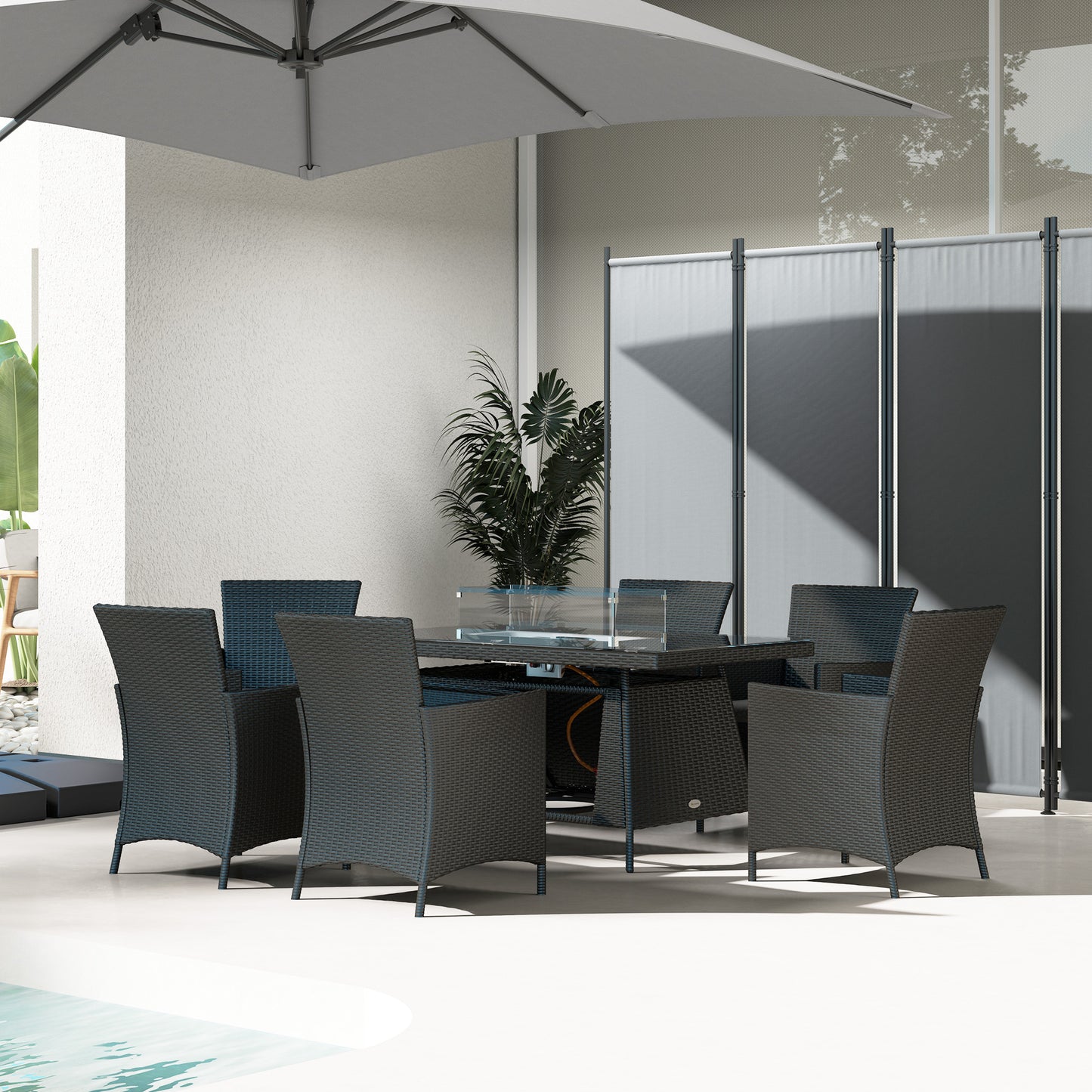 Outsunny 7-Piece Rattan Garden Furniture with Fire Pit Table, 6 Seater Set, Cushions, 50,000 BTU, Black