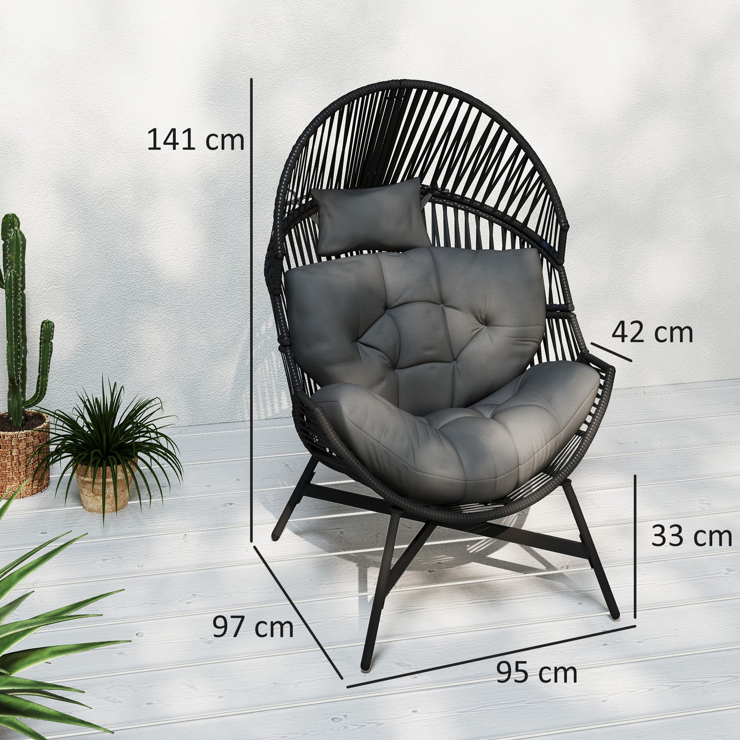 Outsunny Rattan Egg Chair, Oversized Freestanding Garden Chair with Cushion, Headrest, Steel Frame for Indoor/Outdoor Use, Charcoal Grey