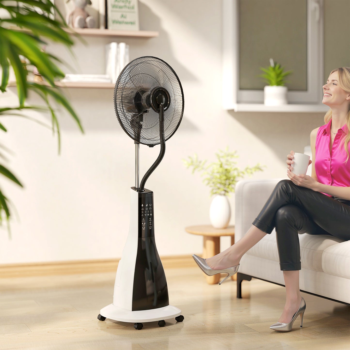 HOMCOM Pedestal Fan with Water Mist, 75° Oscillation, Tilt Head, 3 Speeds, 3 Modes, 3L Tank, Wheels, 125 cm, for Home, White