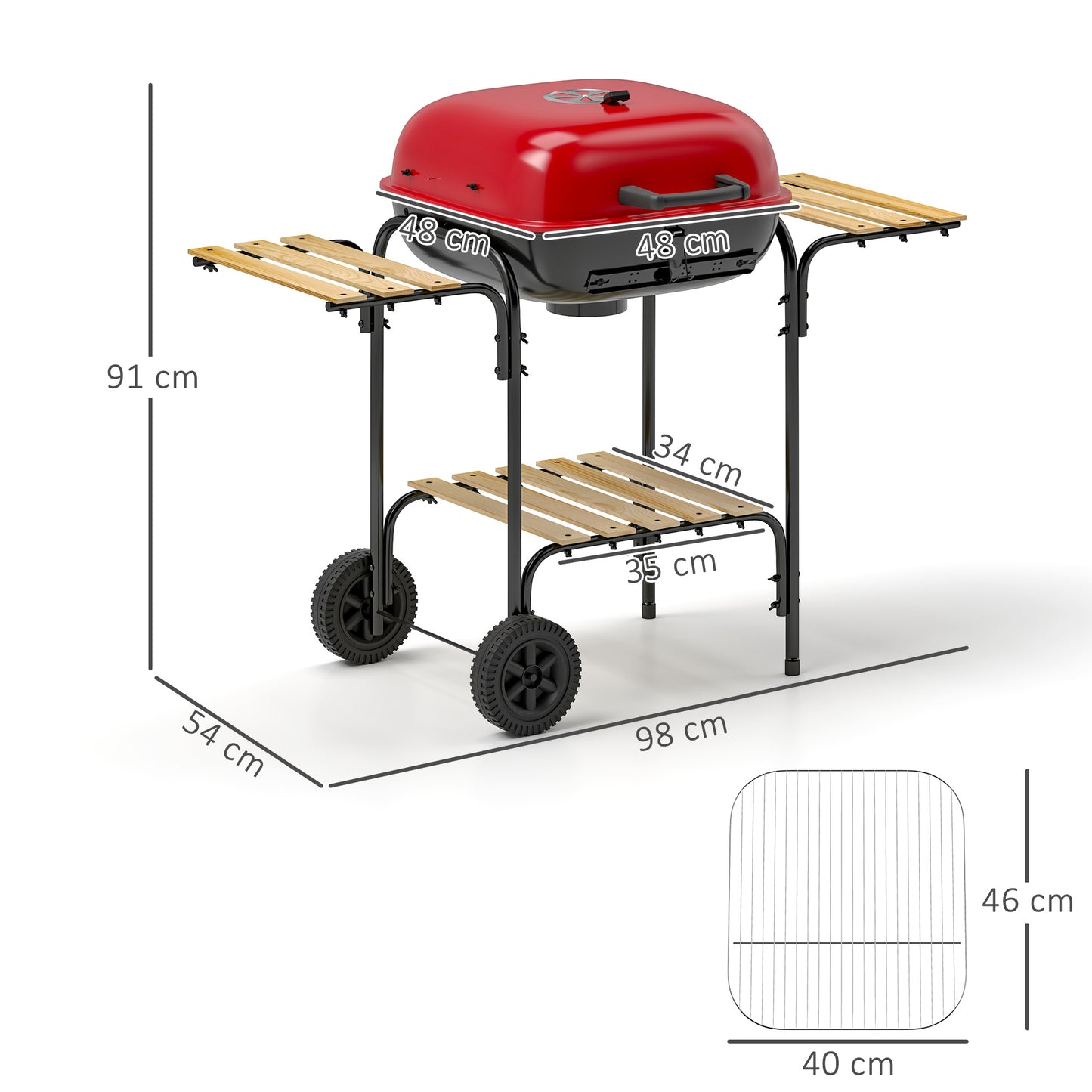 Outsunny Portable Charcoal BBQ Grill, 1840 cm² Cooking Area, 3 Shelves, Adjustable Vent, Lockable Lid, Wheels, Outdoor, Red