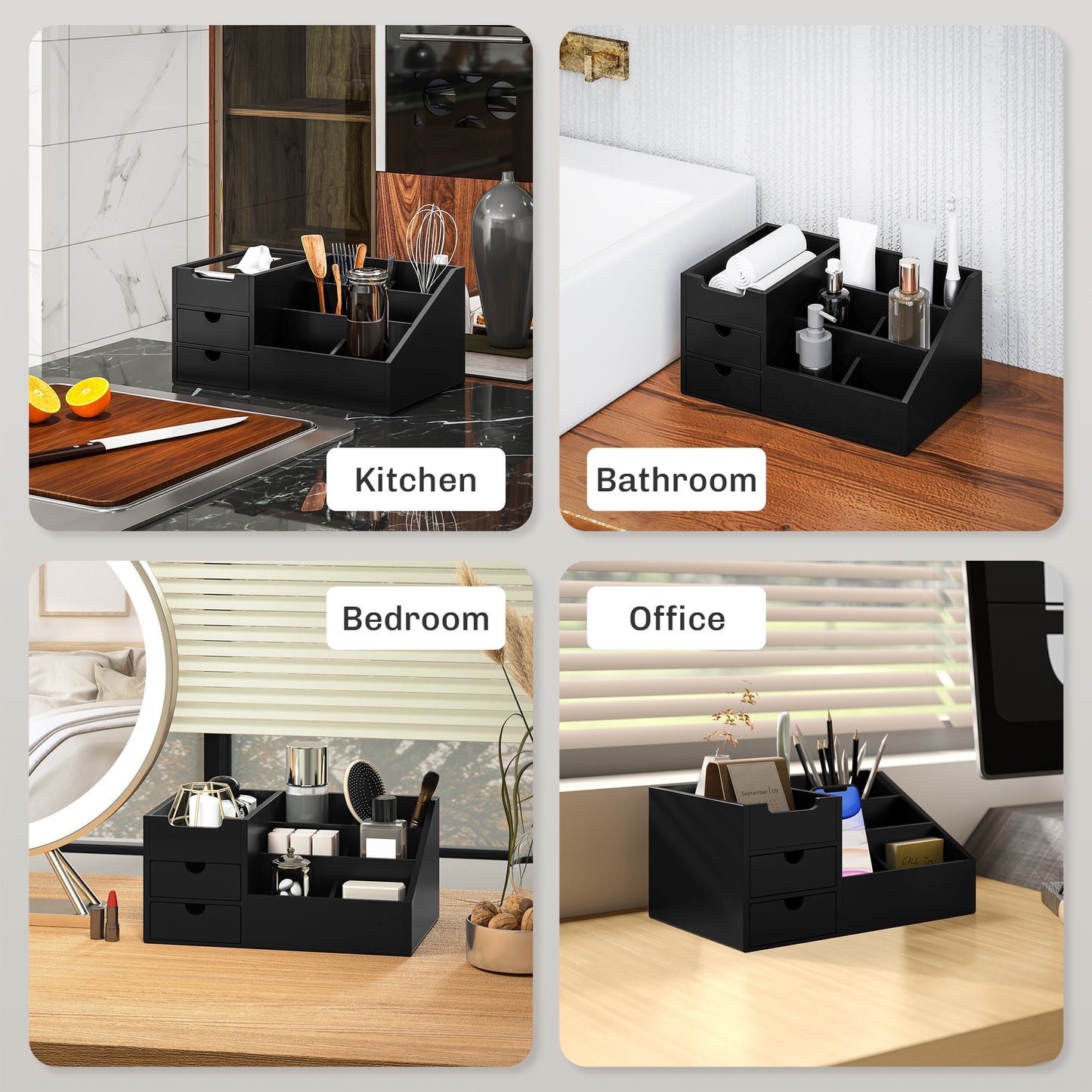 HOMCOM Desk Organiser, Bamboo Storage Caddy with 7 Compartments and 2 Drawers for Home Office Supplies, Black