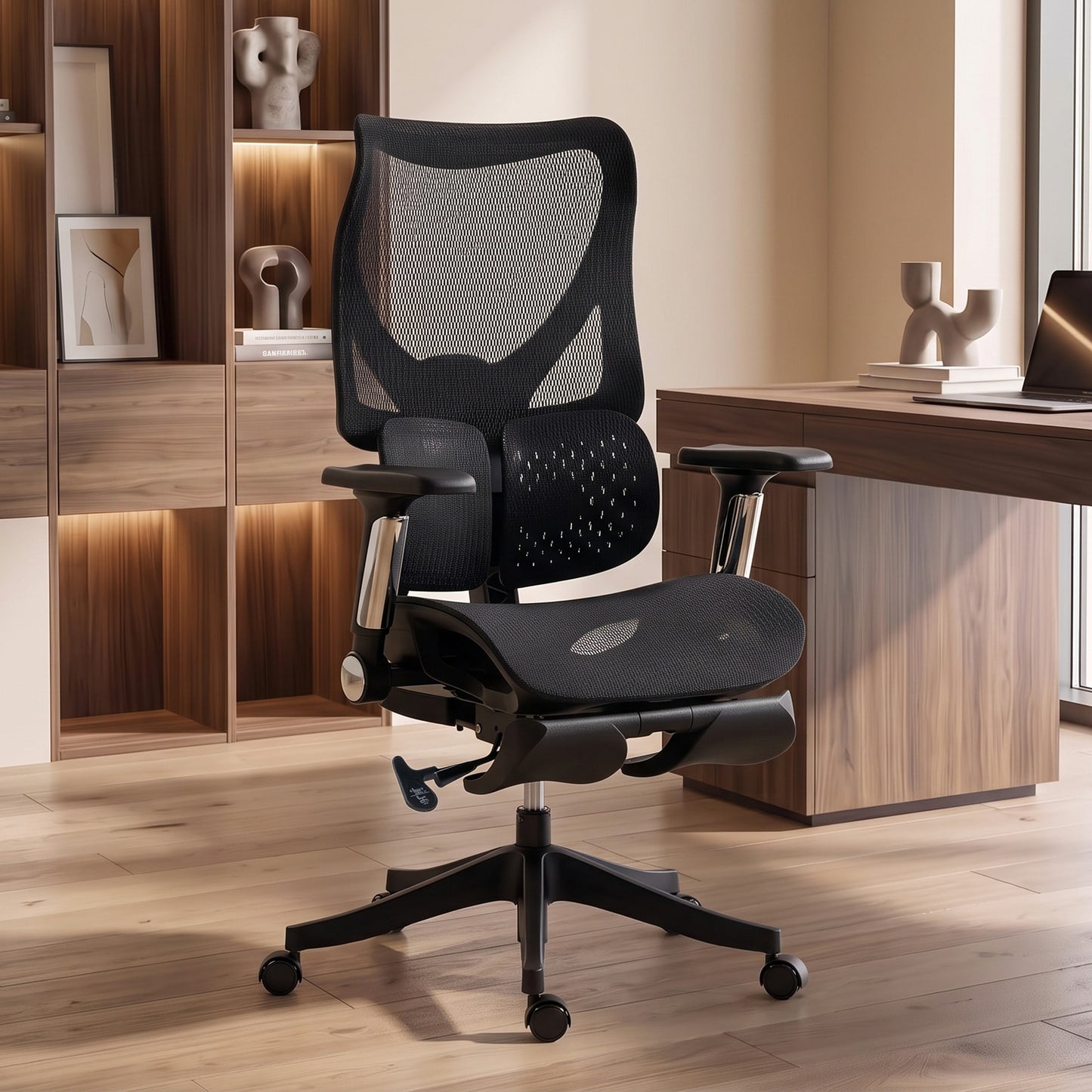 HOMCOM Ergonomic Office Chair with Lumbar Support, Mesh Reclining Desk Chair with Footrest, Adjustable High Back, Black