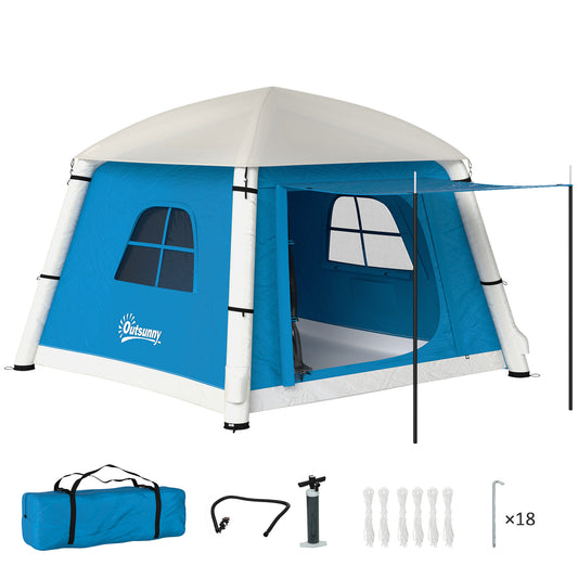 Outsunny Inflatable Camping Tent with Hand Pump, Easy Setup for 1/2 Person, Waterproof and Windproof with Carry Bag, Light Blue/Grey