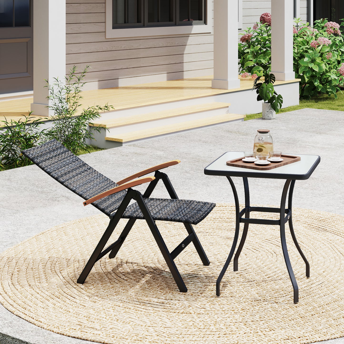 Outsunny Outdoor Foldable Dining Chair with Armrests, High Backrest, for Garden, Camping, Balcony, Porch, Mixed-grey