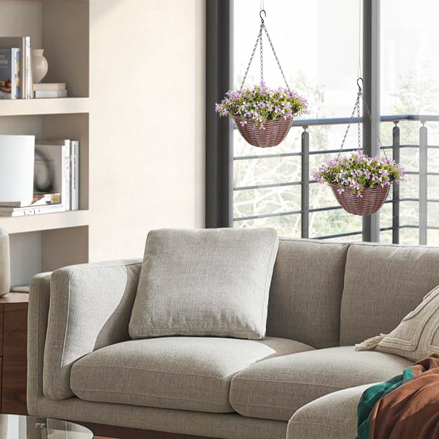 HOMCOM Set of 2 Artificial Flowers in Basket, Decorative Hanging Baskets with 75 Leaves & 15 Flowers for Home or Office Decor, Purple