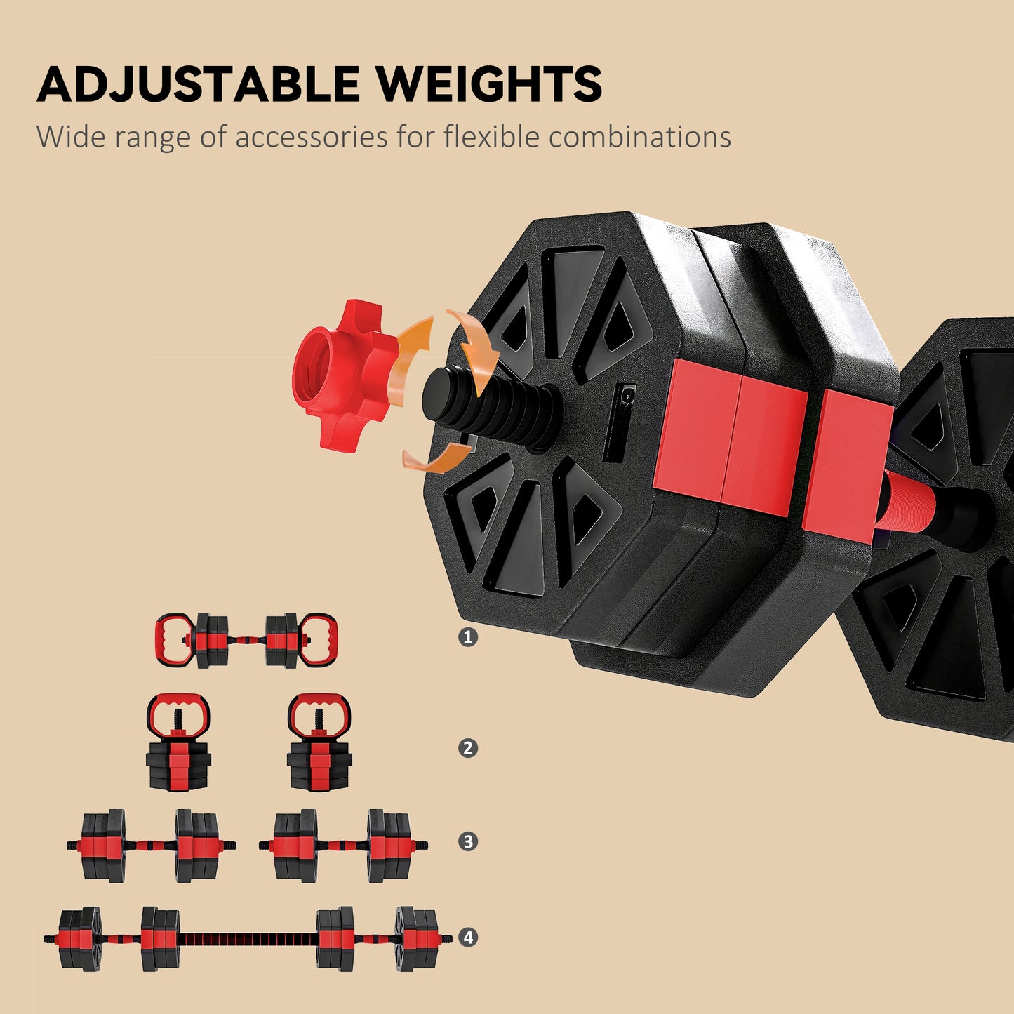 SPORTNOW 4-in-1 Adjustable Weight Set, Use as Kettlebell, Barbell, Dumbbell, Push-Up Stand, 20kg Home Gym Training, Red