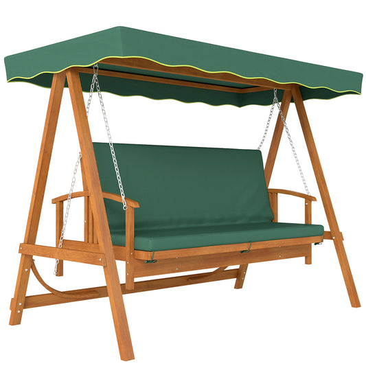 Outsunny 3 Seater 2-in-1 Wooden Garden Swing Seat Swing Chair Outdoor Convertible Hammock Bench Furniture Lounger Bed Wood, Dark Green