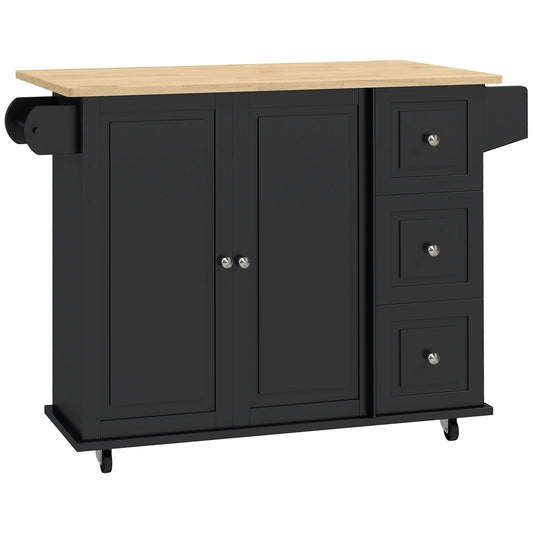 HOMCOM Kitchen Island with Drop Leaf, Rolling Kitchen Storage Trolley on Wheels with 3 Drawers, Black