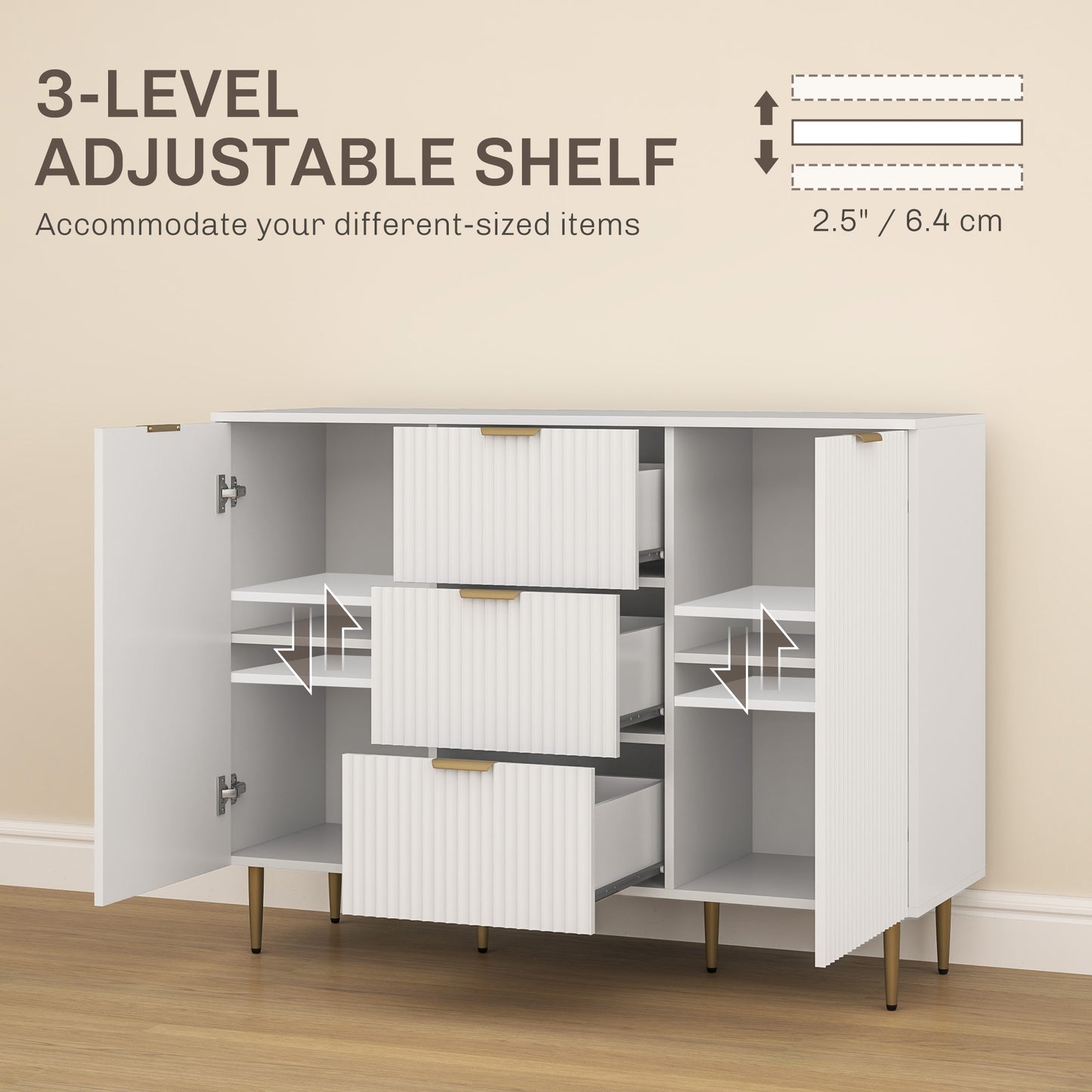 HOMCOM Sideboard Buffet Cabinet, Modern Kitchen Storage with 3 Drawers & Adjustable Shelves, White