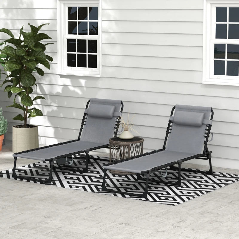 Outsunny Portable Sun Lounger Set of 2, Folding Camping Bed Cot, Reclining Lounge Chair 5-position Adjustable Backrest with Side Pocket, Pillow for Patio Garden Beach Pool, Grey