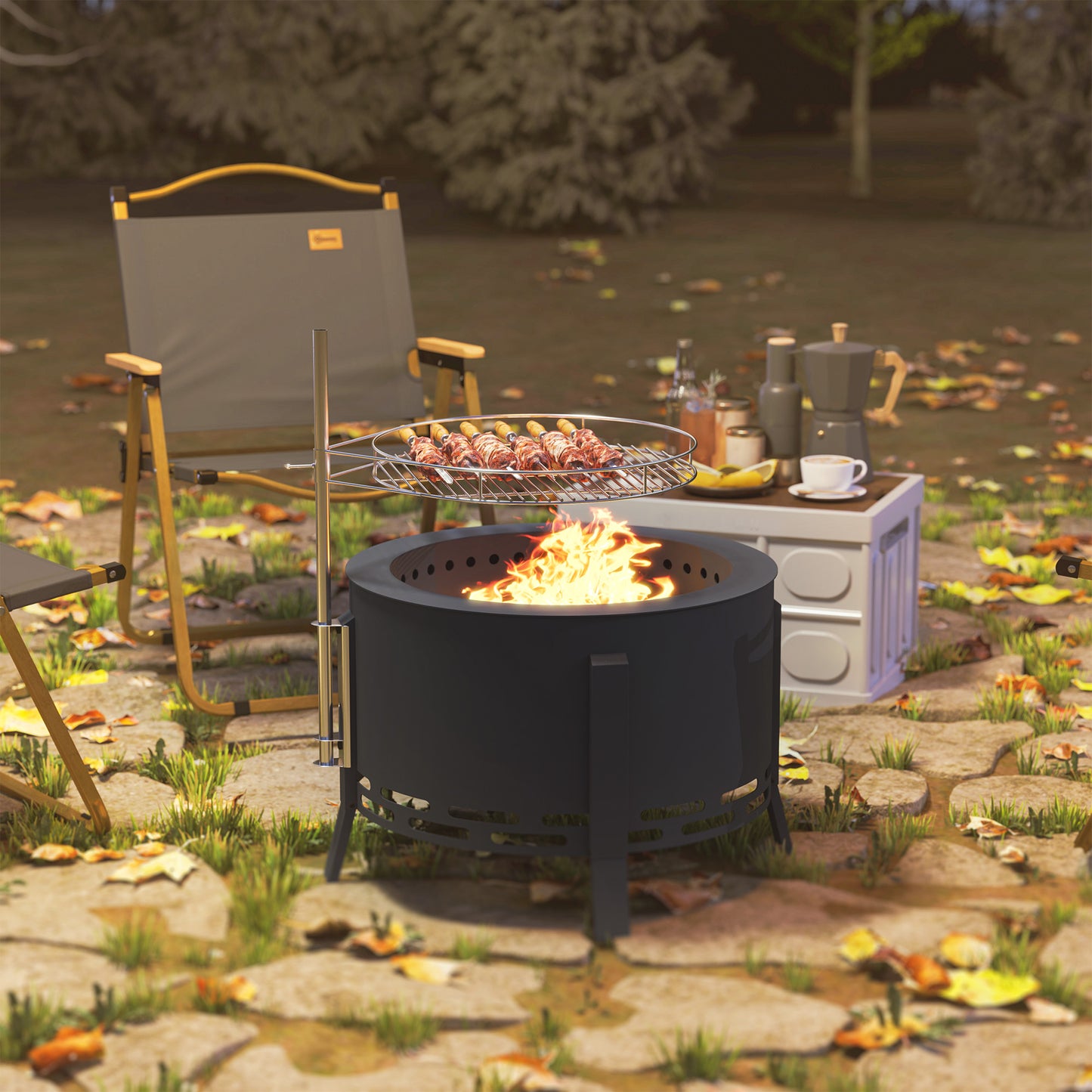 Outsunny Portable Fire Pit, 58 cm Round with Grill Grate, Ash Catcher, and Poker, Ideal for Garden Camping Bonfire Picnic, Black