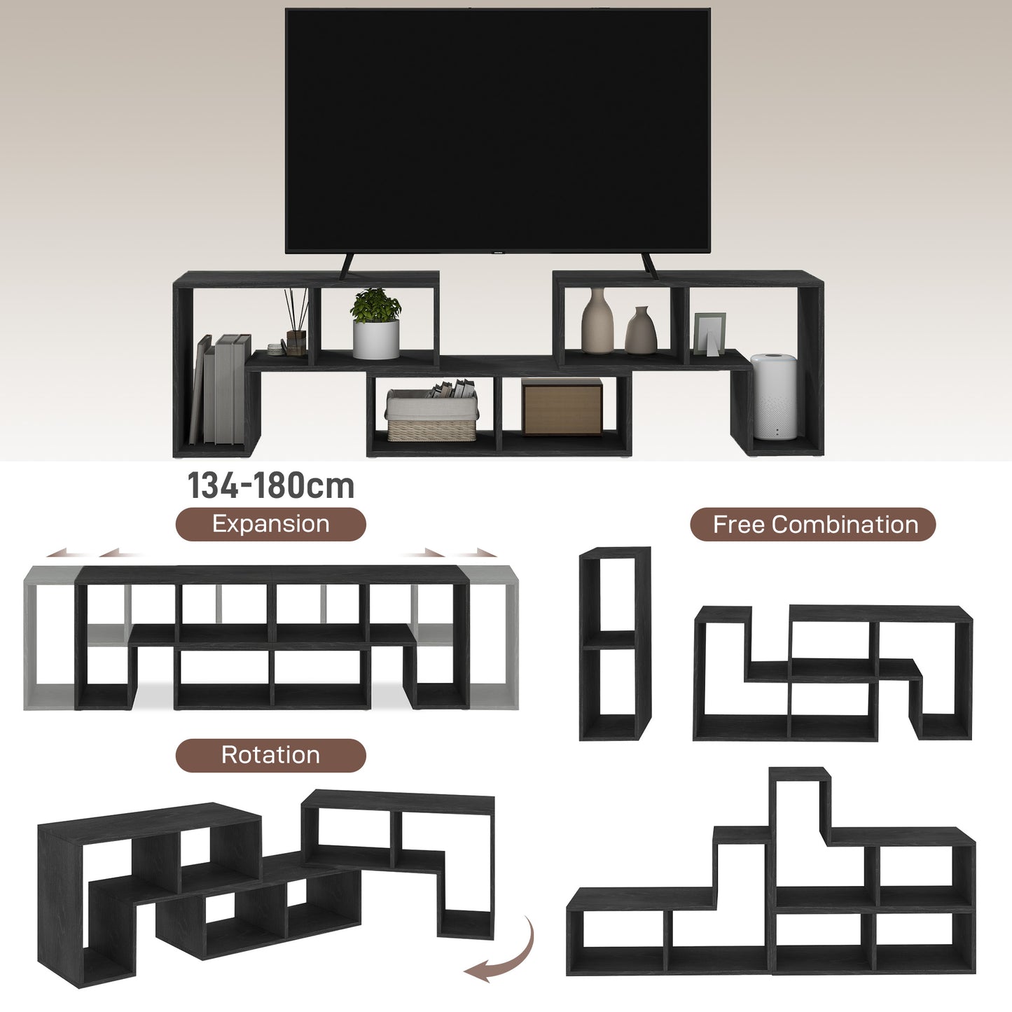 HOMCOM TV Stand for TVs up to 75", Storage Shelves, Extendable Unit, Black Wood Grain