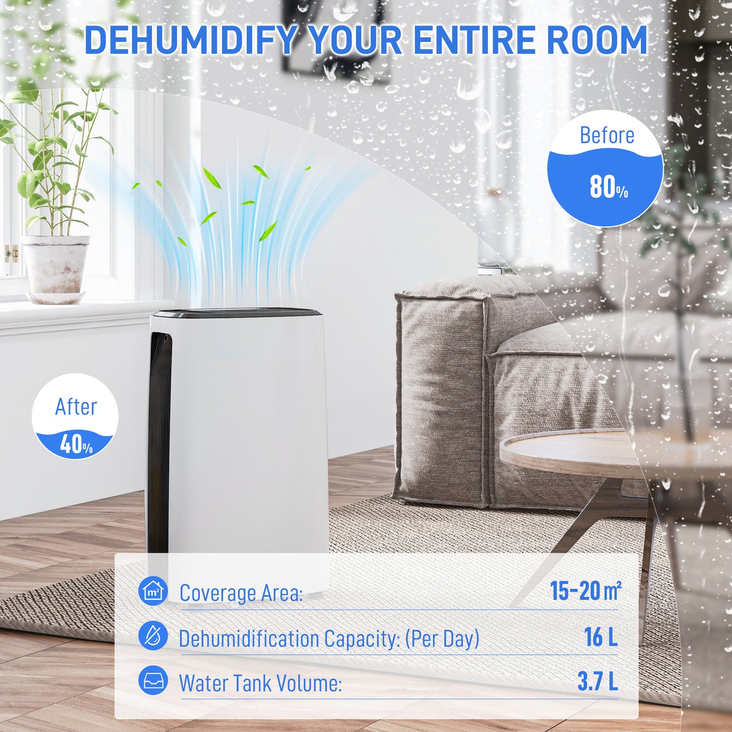 HOMCOM 16l/Day Dehumidifier, with Washable Filter and Timer - White